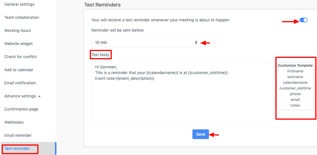 Text Reminders -Advance Settings